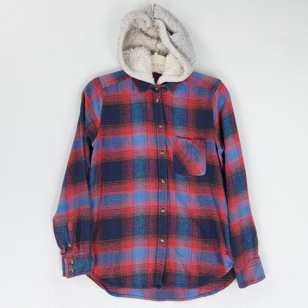 American Eagle Shirt Womens Small Red Blue Plaid Vintage Boyfriend Sherpa Hooded